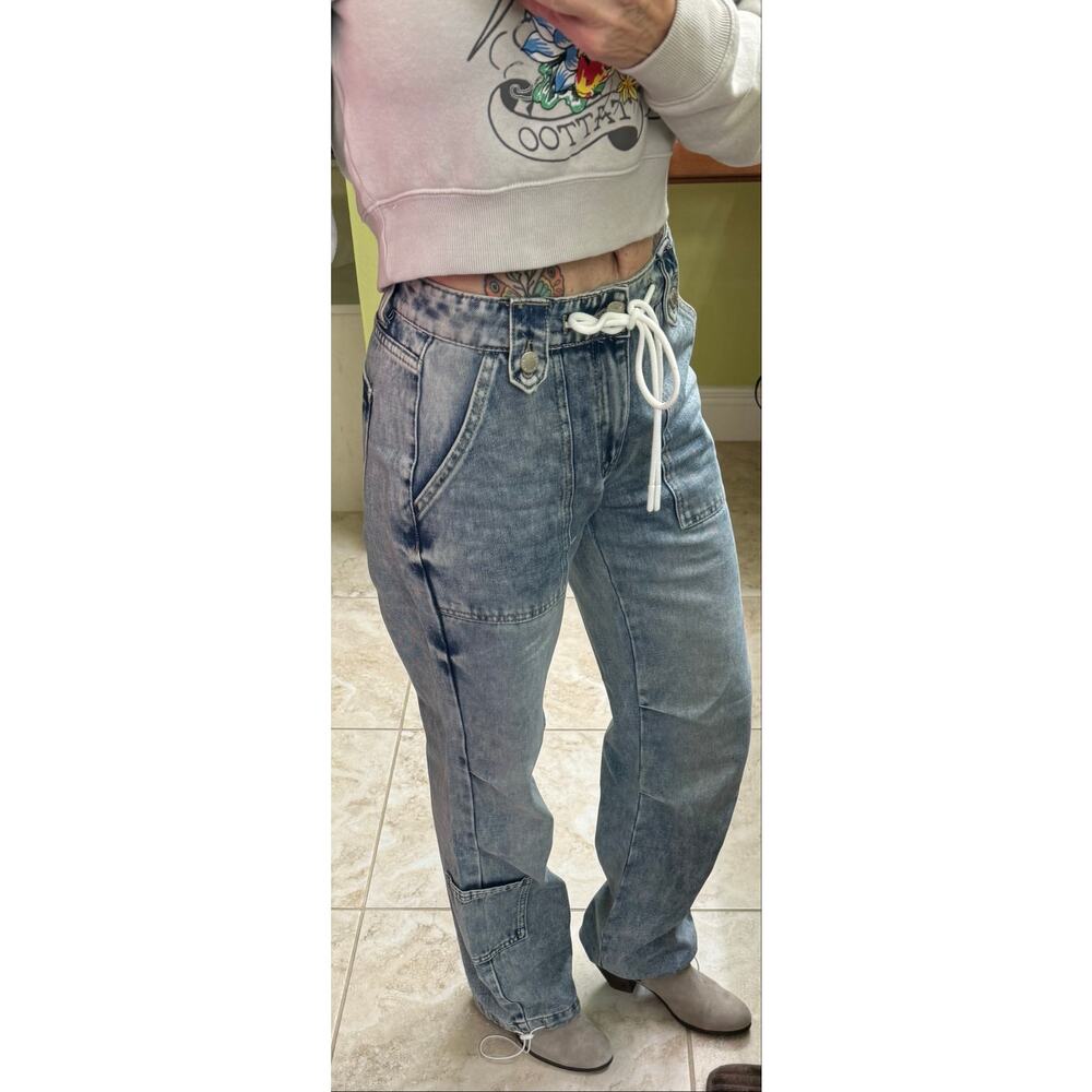 1030 cargo drawstring denim jeans waist 1/25 flat lay NWOT Retail $69 - Picture 8 of 10